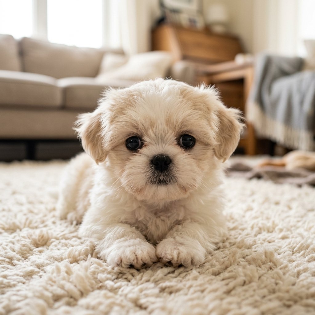 Shih Tzu puppy lying on soft rug