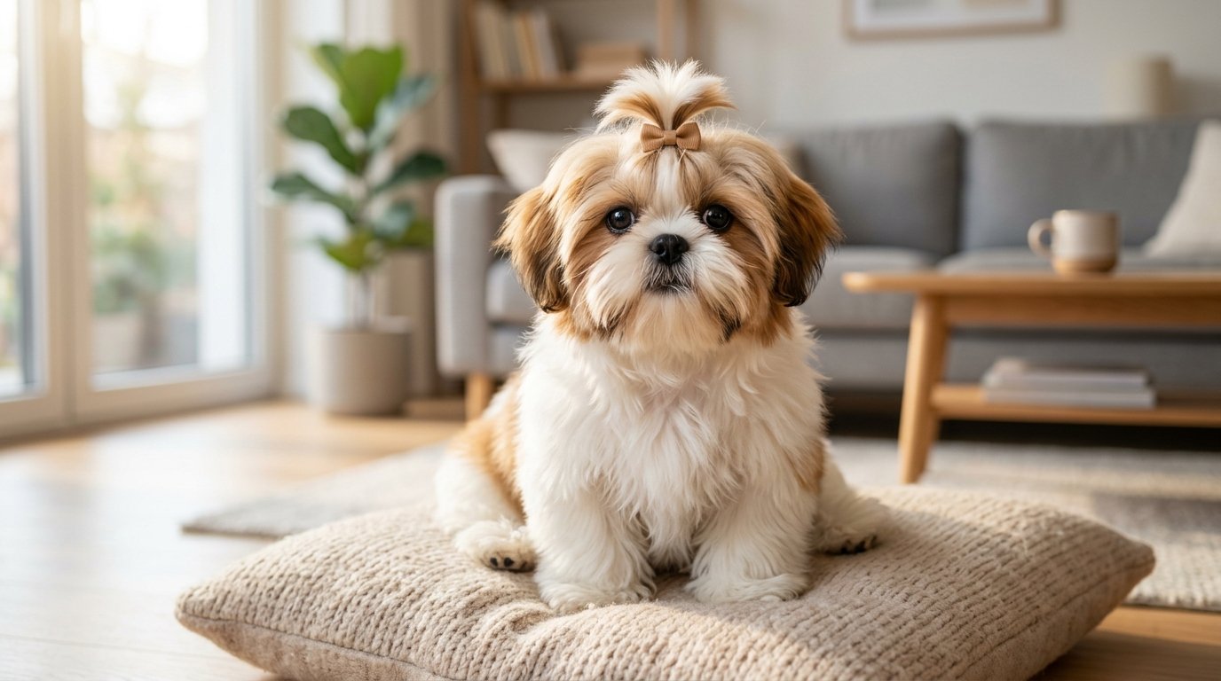 Shih Tzu puppy with hair tied in bow