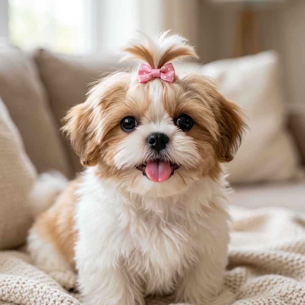 Adorable Shih Tzu puppy with tongue out and bow